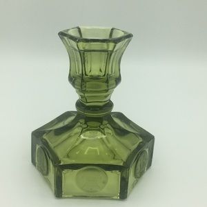 Vintage coin  green olive glass candlestick, mint